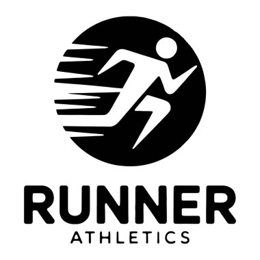 Hareketli bir koşucunun beyaz silueti olan siyah dairesel bir logo. Koşucu, hız göstergesi olarak arkasında stilize çizgiler bulunan orta basamaklı bir şekilde tasvir edilir. Çemberin altında 