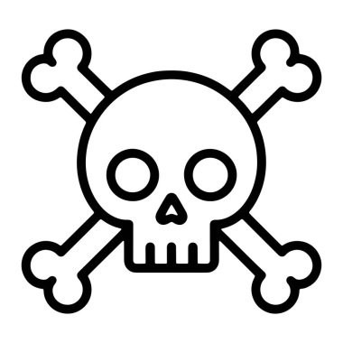 Arkasında iki çapraz kemik olan siyah bir kafatası çizimi. Kafatasının dairesel göz çukurları ve üçgen burun boşluğu var. Ağız bölgesi, dişleri temsil eden yatay çizgilerle betimlenir. Kemikler yuvarlak uçlu. Her şeyi.