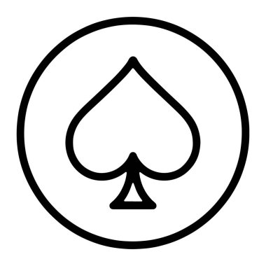 Bir maça sembolünün siyah çizgisi, beyaz bir arkaplanda siyah dairesel bir ana hatla merkezlenir. Kürek, sivri uçlu ve altında üçgen bir gövdesi olan stilize edilmiş bir kalp şeklidir. Çizgiler temiz ve kalın, basit ve...