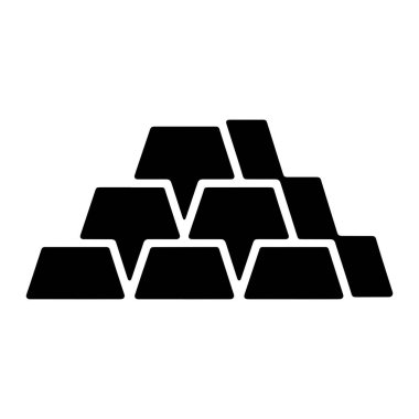 Altın külçelerini temsil eden bir yığın trapezoidal şekilleri tasvir eden siyah ve beyaz bir grafik ikonu. Çubuklar sersemletilmiş, katmanlı bir şekilde düzenlenerek piramit benzeri bir yapı oluşturulur. Şekiller koyu siyahtır ve beyaz çizgiler e 'lerini tanımlar.