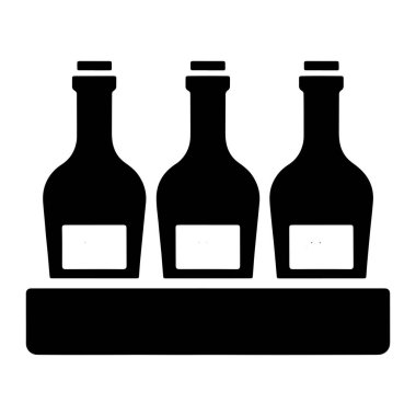 Bir minimalist grafik, siyah bir klasörde dizilmiş üç siyah şişe tasvir ediyor. Her şişenin belli bir şekli, dar bir boynu ve daha geniş bir gövdesi vardır ve dikdörtgen bir etiket alanı vardır. Genel görüntü, beyaz bir bala karşı koyu siyah bir siluettir.