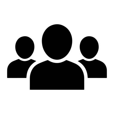 Basit bir siyah-beyaz grafik ikonu üç stilize insan silueti tasvir eder. Merkezi figür daha büyük ve biraz öne doğru konumlanmış, iki küçük figür de iki taraftan çevrelenmiştir. Tüm figürler koyu siyah, yuvarlak başlı ve simptir.