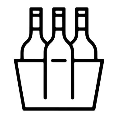 Minimalist bir siyah beyaz tasviri, dikdörtgen bir taşıyıcının içinde dikey duran üç benzer şişeyi tasvir eder. Taşıyıcının her şişeyi ayıran dikey ayırıcıları olan basit bir üstü açık tasarımı var. Şişelerin boynu incedir.