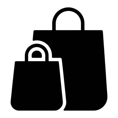 Grafik, beyaz arka planda iki farklı boyutta siyah alışveriş torbası gösteriyor. Büyük çanta küçük çantanın arkasında ve sağında konumlandırılmıştır. Her iki çantanın da üst kısmında kavisli sapları var. Görüntü basit, temiz.,