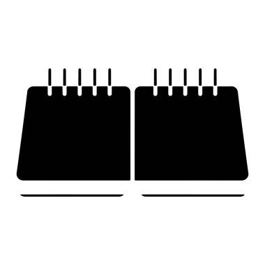 Grafik çizimi, birbirine tıpatıp benzeyen iki siyah takvim sayfasını yan yana gösteriyor. Her takvim sayfasının yuvarlak bir üst köşesi ve düz bir alt kenarı vardır. Her sayfanın üst kısmında bir spiral bağlamayı temsil eden beş dikey çizgi var. Takvimler.