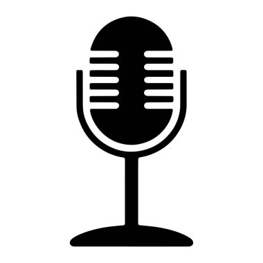 Antika bir mikrofonun siyah silueti beyaz arka planda sergilenir. Mikrofonun oval şekilli bir kafası, yatay parmaklıkları, kıvrımlı bir duruşu ve dairesel tabanı var..