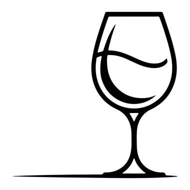 Sıvı dolu bir şarap kadehinin minimalist siyah beyaz çizgisi. Camda geniş bir kase, ince bir gövde ve yuvarlak bir taban var. Kasenin içindeki kıvrımlı çizgi bir içeceğin varlığını gösteriyor. Uzun, ince bir gölge tepenin altından uzanıyor. 