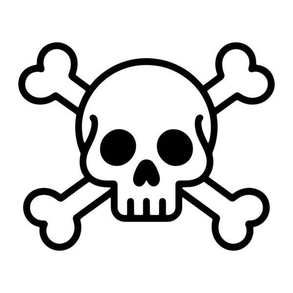 Черно-белая графическая иллюстрация черепа с двумя крестообразными костями за ним. Череп имеет два больших чёрных круга для глаз, треугольную форму для полости носа и ряд чёрных прямоугольников для зубов. Перекрестные кости изображены с округлыми e