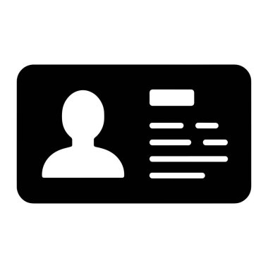 Kimlik kartını temsil eden siyah beyaz bir grafik simgesi. Kartın köşeleri yuvarlak ve sol tarafında bir kişinin baş ve omuzlarının silueti var. Siluetin sağında birkaç yatay beyaz çizgi var.