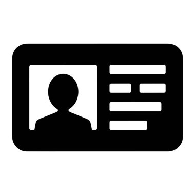 Kimlik kartını temsil eden siyah beyaz bir grafik simgesi. Kartın köşeleri yuvarlak ve sol tarafında bir kişinin baş ve omuzlarının silueti var. Siluetin sağında, birkaç yatay beyaz çubuk var, şekerim.