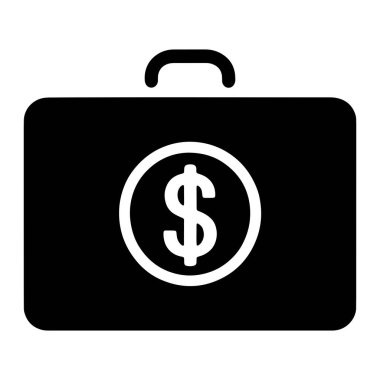 Önünde beyaz bir dairenin içinde beyaz dolar sembolü olan bir evrak çantasının siyah simgesi. Çantanın üstü yuvarlak ve sapı var. Simge beyaz arkaplana göre ayarlanır.