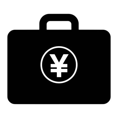 Önünde beyaz yen sembolü olan siyah bir evrak çantasının silueti. Çantanın üstü yuvarlak ve sapı var. Arkaplan beyaz.