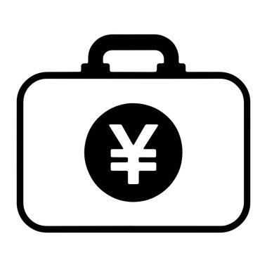 Bir evrak çantasının basit bir siyah beyaz çizimi. Evrak çantasının üstü yuvarlak dikdörtgen şeklinde ve saplı. Evrak çantasının önünde içinde beyaz yen sembolü olan siyah bir daire var. Genel stil temiz ve m