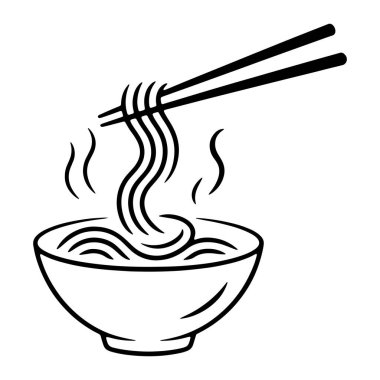 Siyah ve beyaz bir resim dalgalı eriştelerle dolu beyaz bir kase tasvir eder. Siyah yemek çubukları eriştenin bir kısmını kaseden kaldırıyor. Eriştelerden çıkan buhar zerrecikleri sıcak olduklarını gösteriyor. İllüstrasyon basit.