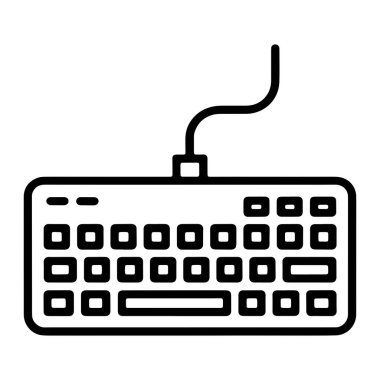 Bir bilgisayar klavyesinin siyah beyaz çizgisi çizimi. Klavyenin yuvarlak dikdörtgen şeklinde ve satır satır dizilmiş kare tuşları var. Klavyenin üst merkezinden kavisli bir ip uzanıyor. Tasarım basit ve ikonik, repre