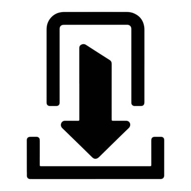 Beyaz arkaplanda basit, temiz, siyah bir grafik simgesi. Simge, yukarıdaki köşeleri yuvarlak ve aşağıdaki köşeleri açık olan bir kare çerçevenin içinde eğimli kenarlı bir ok tasvir ediyor. Bu sembol genellikle d