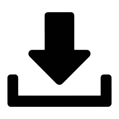 Basit, temiz, siyah indirme simgesi beyaz arkaplan üzerine kuruludur. Simge, yuvarlak uçlu, yatay uçlu bir çubuğun üzerine yerleştirilmiş aşağı dönük bir ok içerir, bu da indirme işlemi için bir hedef veya konteynır göstermektedir..