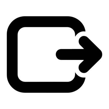 Beyaz arkaplanda basit bir siyah simge bir çıkış sembolü tasvir eder. Sembol, karenin sağ tarafından sağa doğru uzanan yatay bir ok ile yuvarlak bir kare anahat tarafından oluşturulmuştur. Ok koyu siyah ve keskin, p