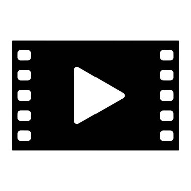 Sol ve sağ kenarlarında yuvarlak delikleri olan siyah bir film şeridi, genellikle bir çalma tuşu olarak kabul edilen sağı gösteren büyük beyaz bir üçgen içerir. Arkaplan beyaz.