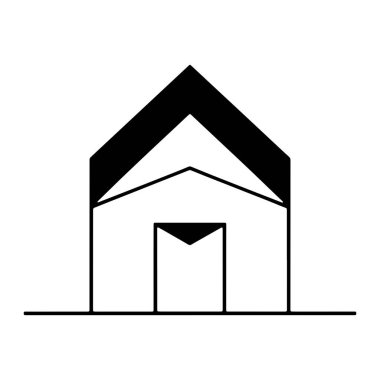 Bir minimalist grafik tasviri stilize edilmiş bir ev taslağı tasvir eder. Yapıda, üst kısmı koyu siyah ve alt kısmı alt kısımlarıyla kaplanmış katmanlı bir çatı yer alıyor. Evin ana gövdesi de ana hatlarıyla çevrilmiştir.