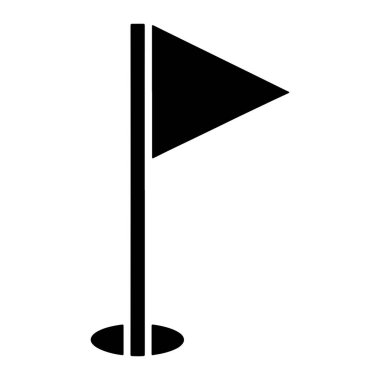 Golf deliğinin yanına yerleştirilmiş bir golf bayrağının basit bir siyah çizimi. Bayrak üçgen ve sağ tarafı gösteriyor. Delik, altında iki dikey kesikle oval bir şekil olarak tasvir ediliyor. Arka plan bembeyaz.