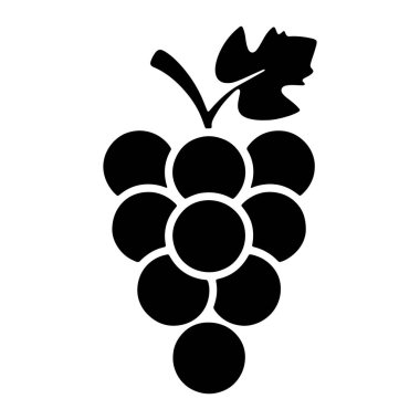 Tek yaprak ve saplı bir üzüm kümesinin stilize edilmiş siyah grafik çizimi. Üzümler üst üste binen daireler şeklinde tasvir edilir, yuvarlak bir demet oluştururlar. Yaprak basit, soyut bir şekildir. Görüntünün tamamı yine simsiyah olmuş.