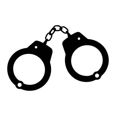 Metal bir zincir ile birbirine bağlı bir çift kelepçenin siyah silueti beyaz bir arkaplanda sergilenir. Kelepçeler klasik bir tasarım ile tasvir ediliyor, iki dairesel manşet ve kısa, bölümlü bir zincir. Her manşetin küçük dairesel d 'si var.