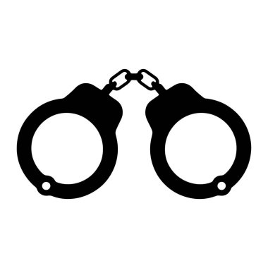 Zincirle birbirine bağlı bir çift kelepçenin siyah silueti. Her kelepçenin dış tarafında dairesel bir açıklık ve küçük dairesel bir detay var. Kelepçeler birbirine dönük ve zincir iki bilek bağını birbirine bağlıyor. Şey...