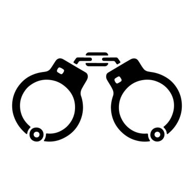 Bir çift kelepçenin siyah silueti beyaz arka planda sergilenir. Kelepçeler açık, iki dairesel kelepçe ayrılmış ve kısa bir zincirle bağlanmış. Her manşetin ortasında küçük dairesel bir açıklık var. Genel resim 