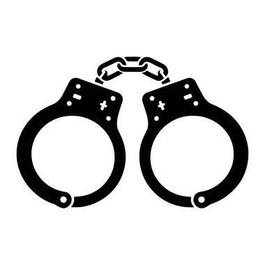 Kısa bir zincirle birbirine bağlı bir çift kelepçenin siyah silueti. Kelepçeler dairesel bilek bağları açık olarak tasvir ediliyor, iç mekanizmayı iki dairesel delik ve her manşette bir dikdörtgen delikle gösteriyor. Genel görünüm