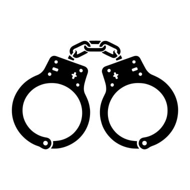 Zincirle birbirine bağlı bir çift kelepçenin siyah silueti. Kelepçeler, bileklerinin etrafını saran menteşeli bir çubukla daireseldir. Tasarım basit ve simgeleşmiş, düz beyaz bir arkaplanda sunuluyor..