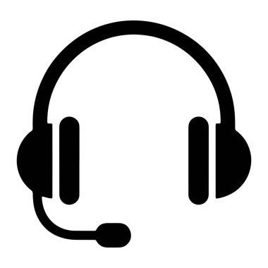 Mikrofonlu bir kulaklığın basit siyah bir simgesi temiz beyaz bir arkaplanda sergilenir. Kulaklıkta bir bantla birbirine bağlanmış iki kulaklık ve bir taraftan da mikrofon bulunuyor. Tasarım minimalist ve grafiksel..