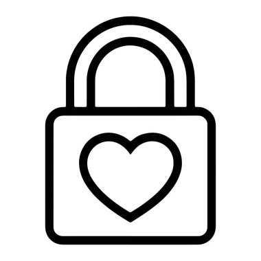 Merkezinde kalp şekli olan basit bir asma kilit simgesi. Asma kilidin dikdörtgen bir gövdesi ve üstünde de kavisli bir prangası var. Kalp, asma kilidin dikdörtgen gövdesinin içinde. Arkaplan beyaz.