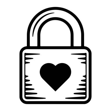 Bir asma kilidin basit bir siyah beyaz çizimi. Asma kilidin yuvarlak bir üstü ve dikdörtgen bir gövdesi var. Asma kilit gövdesinin önünde belirgin bir siyah kalp şekli sergilenir. Asma kilit gövdesinin kenarları desenli, dalgalı bir çizgi tasarımına sahiptir.. 