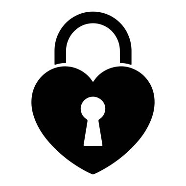 Kalp şeklindeki asma kilidin katı siyah bir çizimi. Asma kilit, kalp şeklinin ortasında klasik bir anahtar deliği içeriyor. Asma kilidin pruvası yukarıda eğri bir kol oluşturuyor. Resim sade beyaz bir arkaplanda izole edilmiştir..