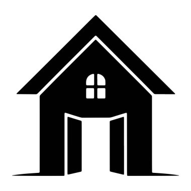 Beyaz arka planda siyah bir ev silueti sergileniyor. Ev öne çıkan bir çatı ve ön tarafta açık bir kapı içeriyor. Kapının üzerinde, dört pencereli küçük bir pencere görülebilir. Genel tasarım minimalist ve gr