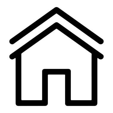 Beyaz arka planda bir evin basit bir siyah çizgisi tasvir edilir. Evin iki paralel çizgisi olan sivri bir çatısı var, bu da katmanlı ya da stilize bir çatı tasarımına işaret ediyor. Bir kapı aralığını temsil eden dikdörtgen bir açıklık merkezde görülebilir.