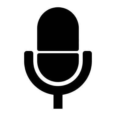 Klasik tarzda bir mikrofonun basit, katı siyah bir simgesi düz beyaz bir arkaplanda merkezlenir. Mikrofon yuvarlak bir üst, bölme çizgisi ve bir kök tarafından desteklenen eğri bir tabana sahiptir..