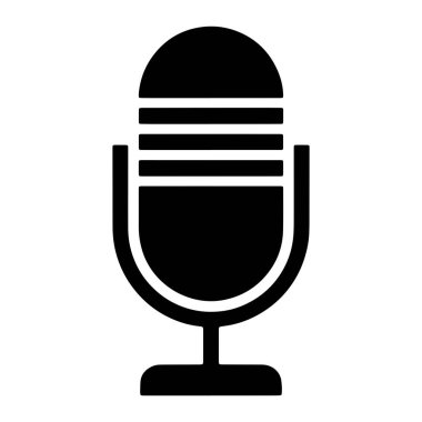Beyaz arka planda klasik tarzda bir mikrofonun basit bir siyah simgesi. Mikrofonun yatay çizgileri olan yuvarlak bir üstü ve düz bir zemine bağlı eğri bir duruşu var..