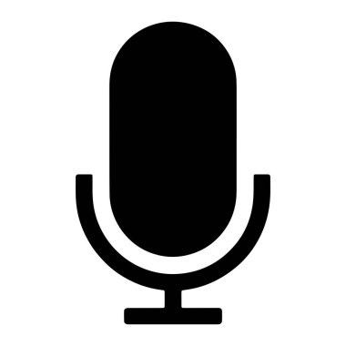 Yuvarlak bir kapağı ve U şeklinde bir duruşu olan basit siyah bir mikrofon silueti düz beyaz bir arkaplanda sergilenir. Görüntü, bir ses kayıt cihazının temiz ve grafik bir temsilidir..