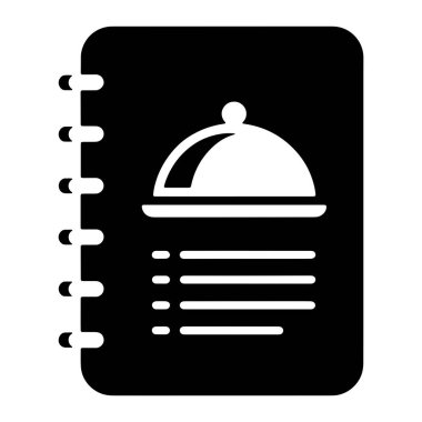 Yuvarlak köşeli siyah bir defter tasvir edilir. Kapağında beyaz bir ikon, genellikle yemeği veya yemeği sembolize etmek için kullanılan örtülü bir yemeği temsil eder. Tabak simgesinin altında, üç yatay çizgi var. Madde noktaları, bir liste ya da menü öneriyor.
