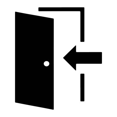 Beyaz yuvarlak düğmeli açık bir kapıyı tasvir eden minimalist bir siyah beyaz grafik ikonu. Bir ok girişi ya da giriş noktasını işaret ediyor. Tasarım temiz ve basit. Erişim ya da geçiş konsepti öneriyor..