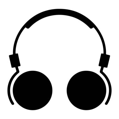 Kulaklıklardan oluşan basit bir siyah grafik simgesi beyaz bir arkaplanda sergileniyor. Kulaklıklarda iki dairesel kulaklığı birbirine bağlayan kıvrımlı bir saç bandı var. Tasarım minimalist ve düz..