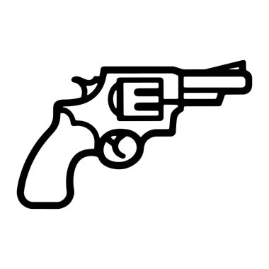 Bir tabancanın basit siyah bir tasviri. Ateşli silah profil ile tasvir ediliyor, silindir, namlu, çerçeve ve kavramayı gösteriyor. Çizgiler kalın ve kalın, silahın net ve ikonik bir temsilini oluşturuyor. Arka plan sade Whit.