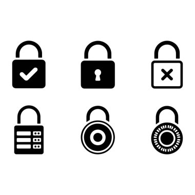 Üç sıra halinde dizilmiş altı siyah asma kilit ikonu koleksiyonu. Üst satırda işaretli bir asma kilit, anahtar delikli bir asma kilit ve çapraz sembollü bir asma kilit var. Alt satırda sayısal tuşlarla bir asma kilit var, dairesel bir pa