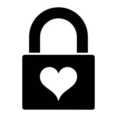 Ortasında beyaz kalp olan siyah bir asma kilit simgesi. Asma kilidin yuvarlak bir üstü ve dikdörtgen bir tabanı var. Kalp merkezi olarak asma kilidin tabanına yerleştirilir. Arkaplan beyaz.