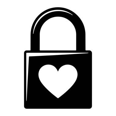 Önünde beyaz kalp şeklinde kesilmiş siyah bir asma kilit silueti. Asma kilidin üst kısmında kıvrımlı bir zincir ve dikdörtgen bir gövdesi var. Görüntü, beyaz arkaplanda basit ve temiz bir grafik çizimi..