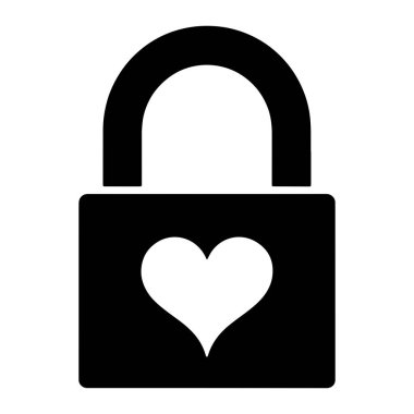 Önünde beyaz kalp şeklinde kesilmiş siyah bir asma kilidin basit, grafik bir çizimi. Asma kilidin yuvarlak bir prangası ve dikdörtgen bir gövdesi var. Arkaplan beyaz.