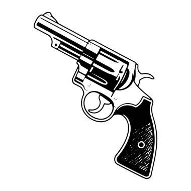 Tabanca tabancasının siyah beyaz çizimi. Silah yan açıdan tasvir edilir, silindirini, namlusunu, tetiğini ve kavramasını gösterir. Kabza, üzerinde noktalar ve dairesel amblem olan dokulu bir desen içeriyor. Görüntü temiz ve G