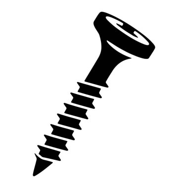 Siyah siluet bir vida beyaz arka plana karşı tasvir edilir. Vidanın kafasında bir aletle dönmek için tasarlanmış belirgin bir spiral desen var. Şaftı sivri uçlu sivri uçlu sivri, açısal ipliklerle kaplı. 